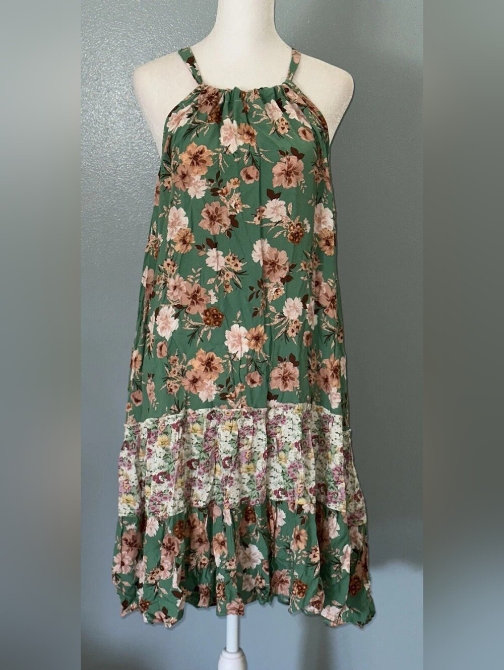 Green Floral Halter Dress with Pink & Brown Flowers